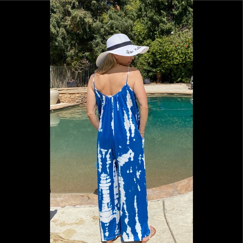 Overalls Jumpsuit Romper Oversized Tie Dye Boho Jumpsuit Bright Blue/White - Picture 5 of 17